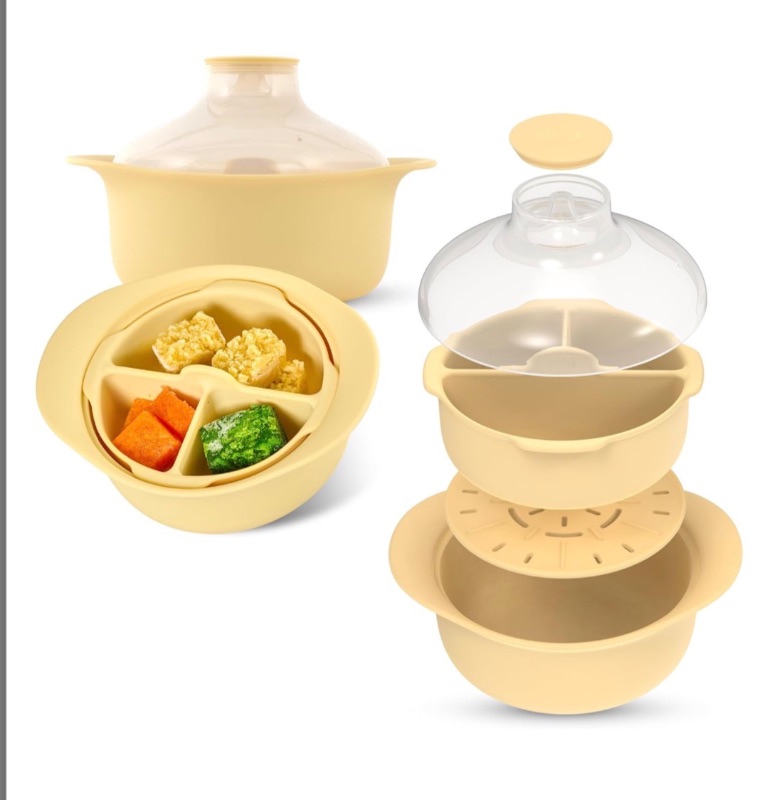 Photo 1 of 48oz Platinum Silicone 3 Compartmented Microwave Steamer Pot with Handle & Lid - Korean 100% Food-Grade Steamer Bowl, Heat-Resistant Cooker with Steam Holes, Easy Clean, Dishwasher Safe