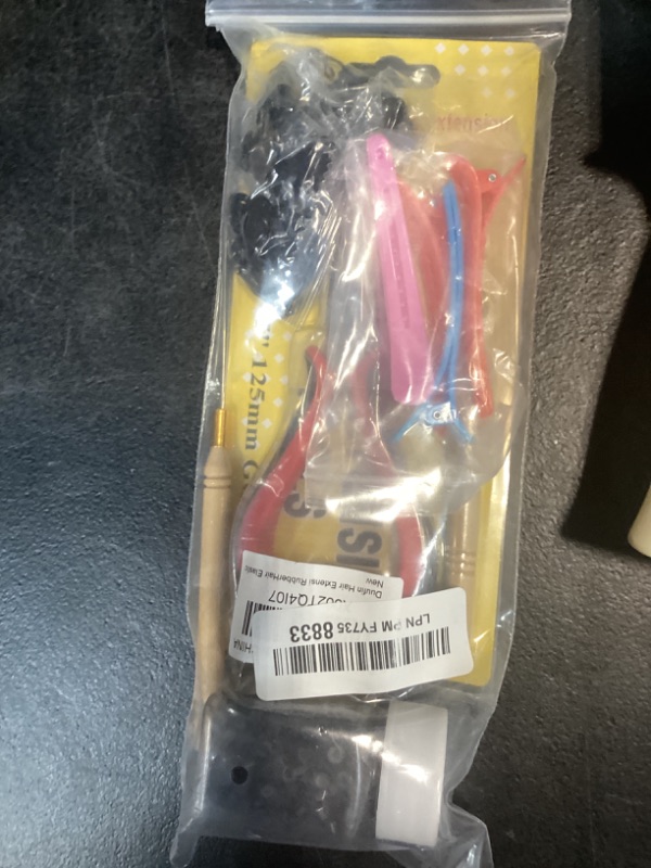 Photo 1 of Duufin Hair Extensions Kit 500 Pcs Black Micro Ring Beads 1 Hair Extension Plier 2 Hook Needle Pulling Loop 4 Plastic Alligator Hair Clips 1 Comb and 2 Bags Black Mini Rubber Hair Elastic