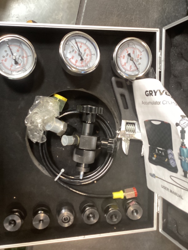 Photo 1 of GRYVOZE Upgraded Hydraulic Nitrogen Accumulator Charging Kit, Pressure Test and Fill System, Gas Charge Tools with 3 Gauges, 7 Accumulator Adapters with Flat-Cut Design, G5/8 to CGA580 Adapter