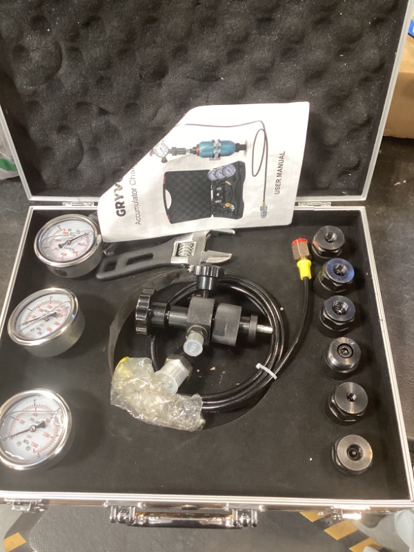 Photo 1 of GRYVOZE Upgraded Hydraulic Nitrogen Accumulator Charging Kit, Pressure Test and Fill System, Gas Charge Tools with 3 Gauges, 7 Accumulator Adapters with Flat-Cut Design, G5/8 to CGA580 Adapter