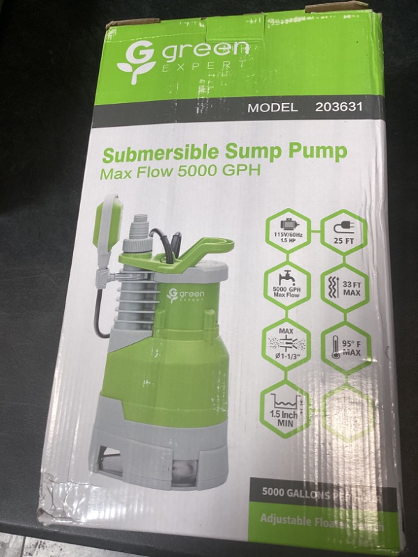 Photo 1 of Green Expert 1.5HP Submersible Sump Pump High Flow 5000GPH 25ft Power Cord Manual Automatic On/Off for Water Removal from Basement Sump Pit Pools Hot Tub Spas Garden Pond
