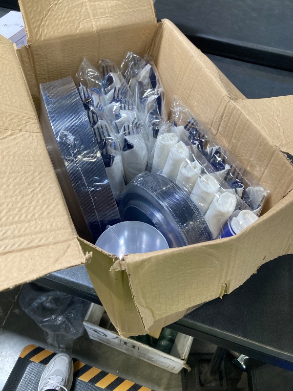 Photo 1 of 210 Pcs Blue Plastic Dinnerware Set for 30 Guests - Includes 30 Set of Dinner Plates, Dessert Plates, Clear Plastic Cups, and Blue Pre-Rolled Napkins with Cutlery Set, Disposable Party Supplies