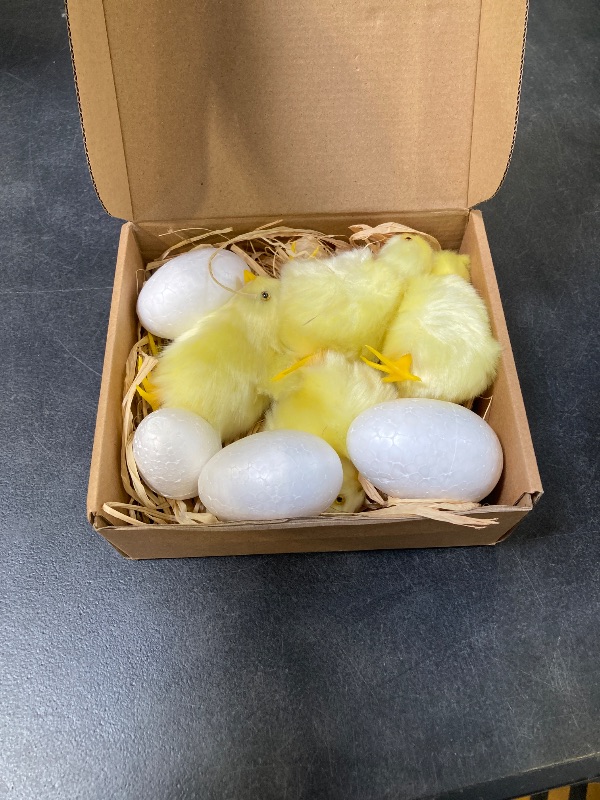 Photo 1 of 9 Pcs Spring Easter Chicken Decoration Set 4 Pcs Realistic Plush Little Chick Figurine Fluffy Chicks 4 Pcs Craft Foam Egg 1 Bag Yellow Easter Grass for Photography DIY Crafting Easter Hunt Party