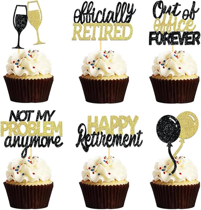 Photo 1 of 24 Pcs Happy Retirement Cupcake Toppers Officially Retired Cupcake Picks, Out Of Office Forever Retirement Theme Cake Toppers Decorations for Farewell Party Cakes (Black&Gold)