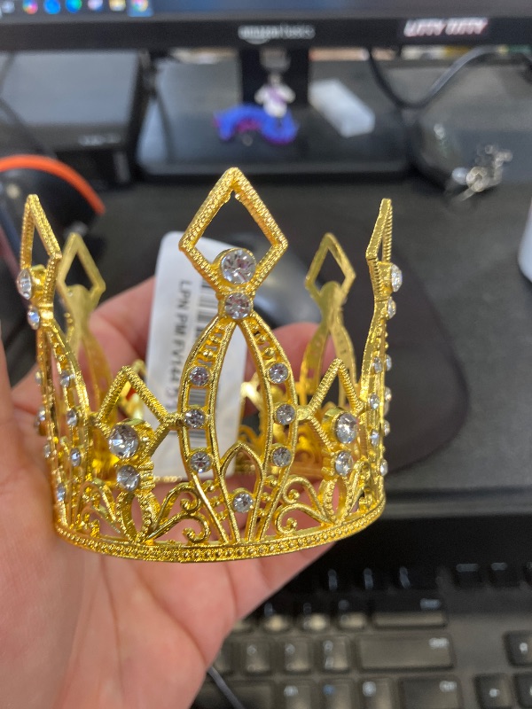 Photo 1 of Creaides Mini Crown Cake Topper Princess and Prince Crystal Headpiece Tiara Rhinestone Crown Cake Decoration for Wedding Birthday Baby Shower Party Favors (Golden)