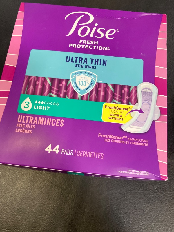 Photo 1 of Poise Ultra Thin Incontinence & Postpartum Pads with Wings for Bladder Leaks, 3 Drop Light Absorbency, Regular Length, 44 Count, Packaging May Vary
