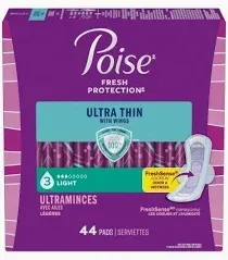 Photo 1 of Poise Ultra Thin Incontinence & Postpartum Pads with Wings for Bladder Leaks, 3 Drop Light Absorbency, Regular Length, 44 Count, Packaging May Vary