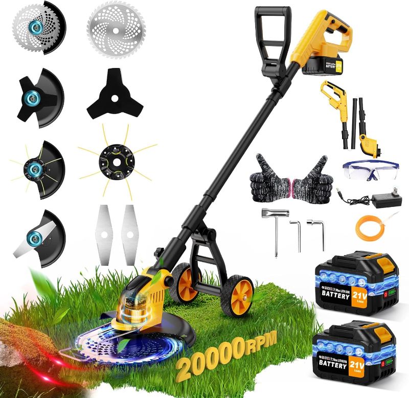 Photo 1 of 20000 RPM Brushless Electric Weed Wacker Cordless, 12'' Wheeled Weed Eater Battery Powered Brush Cutter, 4-in-1 Grass Trimmer Stringless Weed Trimmer Lawn Mower Edger W/Wheel Metal Blade Battery
