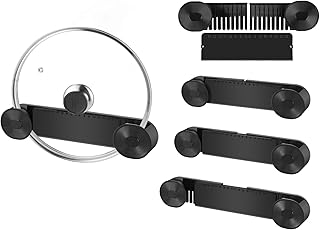 Photo 1 of 4-piece pot lid rack, pot lid storage container suitable for lids ranging from 6 inches to 14 inches, adhesive wall mounted pot lid storage, suitable for kitchen cabinets and cabinet doors (black)