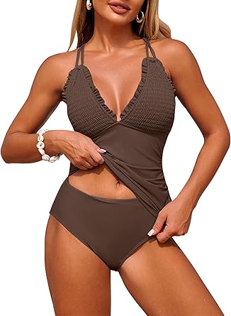 Photo 1 of ZAFUL Womens Tankini Swimsuits Smocked 2 Piece Bathing Suits Modest Tie Back Swimwear
small