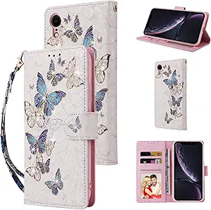 Photo 1 of UEEBAI Wallet Case for iPhone XR, PU Leather Phone Case Kickstand RFID Blocking Flip Case with Card Slots Wrist Strap Relief Engraved Pattern Magnetic Closure Folio Case - Blue Butterfly