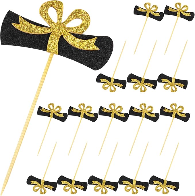 Photo 1 of 16 Pieces Glitter Diploma Cupcake Toppers 2.5 Inch Graduation Cupcake Picks Congrats Grad Double Sided Sticks Class of 2025 High School College Supplies for Boys Girls, Glitter Gold
