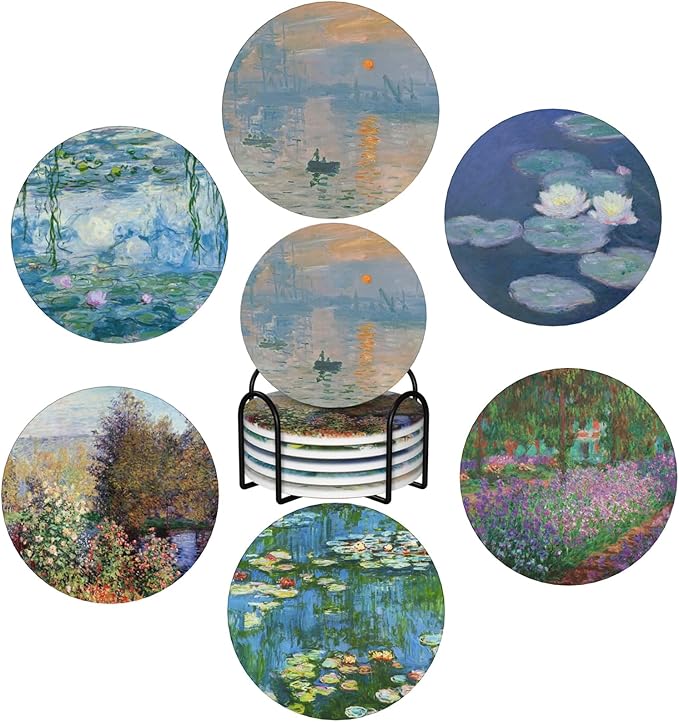 Photo 1 of ADPON Absorbent Ceramic Coasters for Drinks with Cork Base Art Coasters Set of 6 - Use 6 Famous Paintings, Unique Housewarming Gifts for Home Decorative (Claude Monet - Sunrise)
