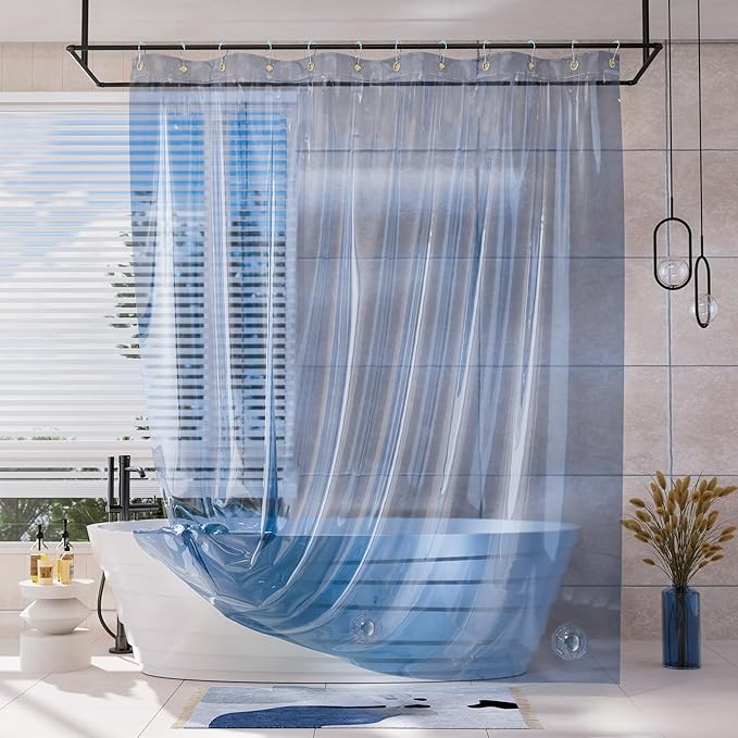 Photo 1 of AmazerBath Shower Curtain Liner, 100% EVA Soft Clear Blue Heavy Duty Shower Curtain and Liner 2-in-1, 72x72 Luxury Plastic Weighted Bathroom Shower Liner, 12 Rustproof Grommets & 3 Heavyweight Stones