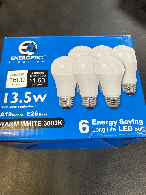 Photo 1 of Energetic LED Light Bulbs 100 Watt Equivalent, Warm White 3000K, 1600lm 13.5W A19 Dimmable Light Bulb, CRI80+, 15000Hrs, 6-Pack, ETL Listed