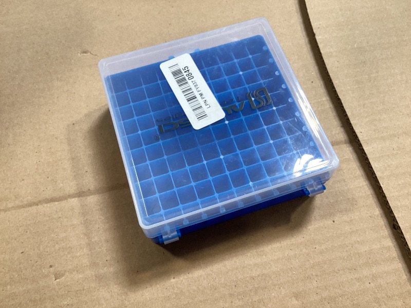 Photo 1 of ALWSCI 100 Well Microtube Storage Box, Blue Polypropylene Lockable Vial Holder Rack for 2 ml Microcentrifuge Tubes and 12 mm Autosampler Vials, 1 Pack