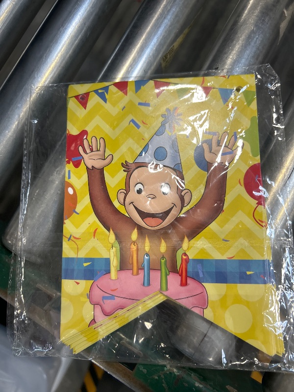 Photo 1 of Curious George Monkey Birthday Party Decorations Set Cute Cartoon Fun Supplies, Banner, Balloons, Cupcake Toppers, Large Cake Decorations