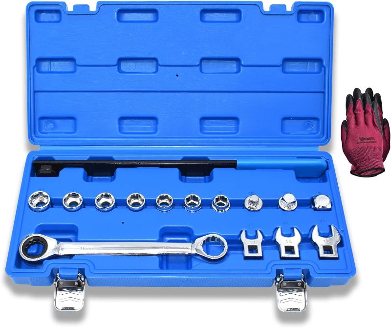 Photo 1 of 15pcs Universal Ratcheting Serpentine Belt Tool Set, Serpentine Belt Removal Installation Tensioner Kit with Ratcheting Wrench, Crowfoot Wrenches, Socket Adapters, 6-Point Sockets

