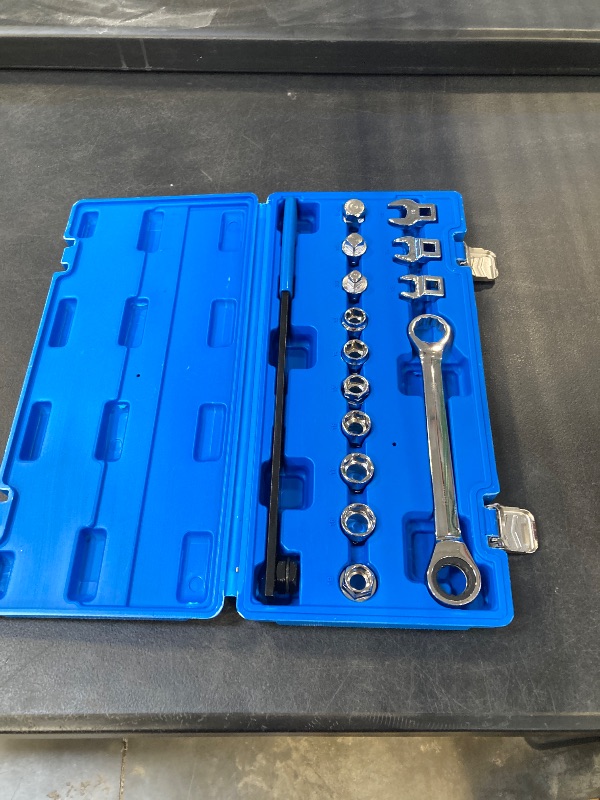 Photo 1 of 15pcs Universal Ratcheting Serpentine Belt Tool Set, Serpentine Belt Removal Installation Tensioner Kit with Ratcheting Wrench, Crowfoot Wrenches, Socket Adapters, 6-Point Sockets
