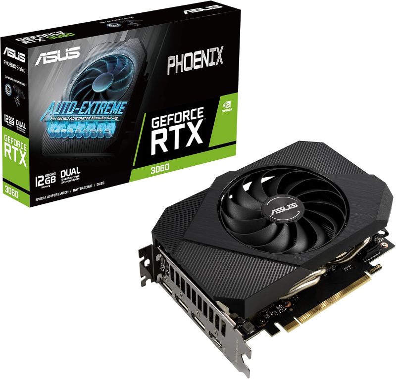 Photo 1 of ASUS Phoenix NVIDIA GeForce RTX 3060 V2 Gaming Graphics Card- PCIe 4.0, 12GB GDDR6, HDMI, DisplayPort 1.4a, Axial-tech Fan Design, Protective Backplate, Dual ball fan bearings, Auto-Extreme (Renewed)