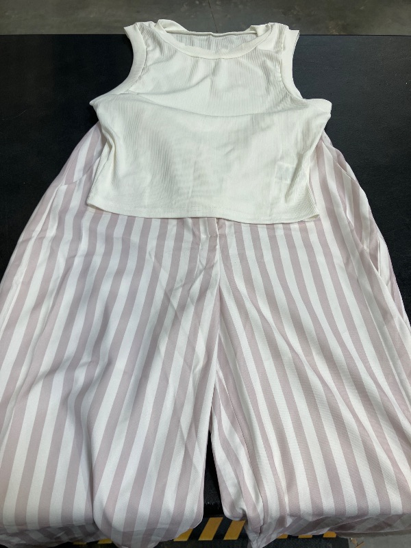 Photo 1 of SOLY HUX Women's Matching Two Piece Set Crop Tank Top and Striped Pants Summer Outfits Office Wear White and Beige - Small
