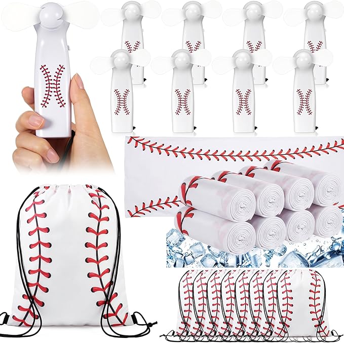 Photo 1 of Woanger 24 Pcs Baseball Mini Handheld Fan Cooling Set 8 Small Personal Portable Fan 40''x 12'' 8 Baseball Cooling Towel 8 Drawstring Bags Summer Sport Party Favors Team Game Gift, Battery Not Include