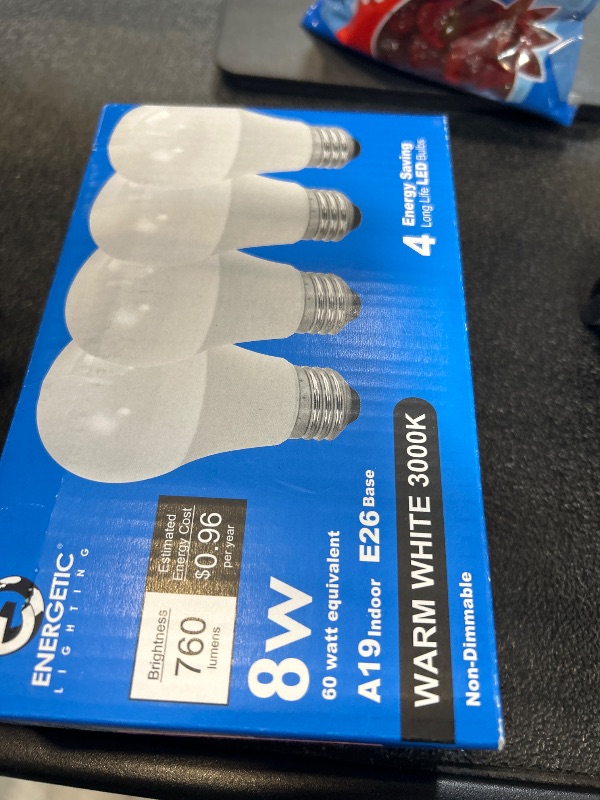 Photo 1 of Energetic 60W Equivalent, A19 LED Light Bulb, 3000K Warm White, E26 Medium Base, Non-Dimmable LED Light Bulb, 8W 760LM, ETL Listed, 4 Pack