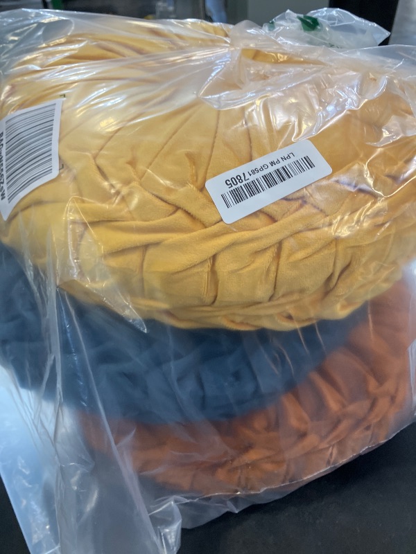 Photo 1 of Drydiet 3 Pcs Round Throw Velvet Pillows Decorative Pleated Throw Pillows Diameter Accent Pumpkin Boho Chair Cushion for Couch Sofa Home Decoration (Yellow,Brunt Orange,Blue,15'')