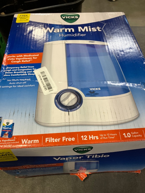 Photo 1 of Vicks Warm Mist Humidifier Filter-Free 1-Gal Tank, Auto Shut-Off, Night Light, VapoPad and VapoSteam Compatible