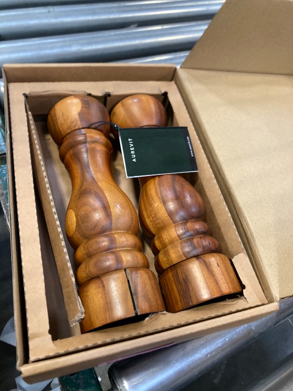 Photo 1 of Aurevit Wooden Salt and Pepper Grinder Set, Manual Salt and Pepper Mill with Ceramic/Stainless Steel Core, Refillable Salt Grinder with External Adjustable Coarseness, 9” Tall (Acacia)
