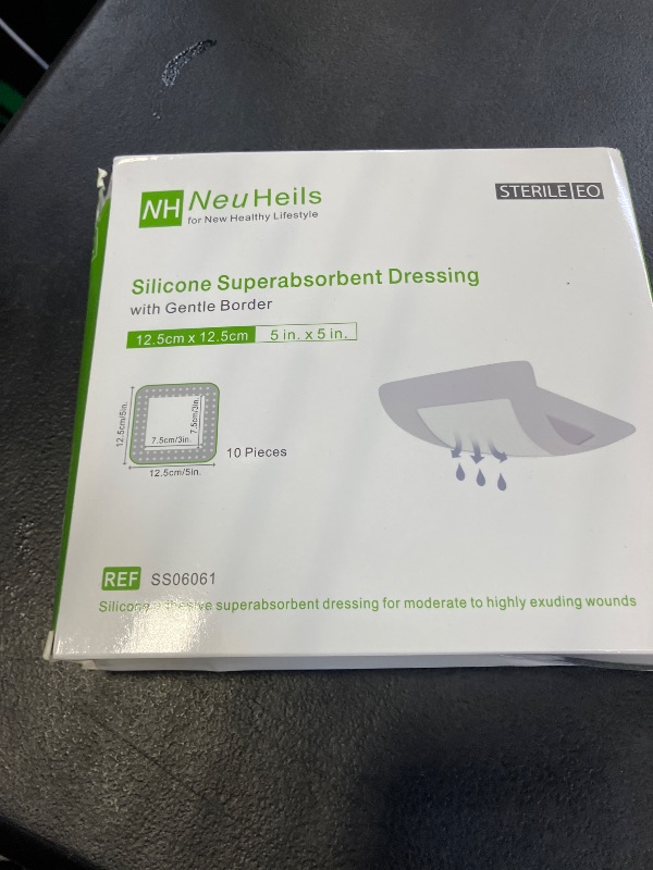 Photo 1 of NeuHeils Silicone Super Absorbent Wound Dressing 5''x5'' 10 Packs, Self-Adhesive Waterproof Bandage with Ultrasorb Polymer Pad for Heavy Exudates Wound