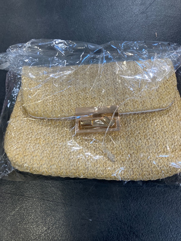 Photo 1 of Woven Straw Purse Summer Clutch, Gold Chain, Flap with Turn-Lock Closure
