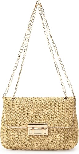 Photo 1 of Woven Straw Purse Summer Clutch, Gold Chain, Flap with Turn-Lock Closure