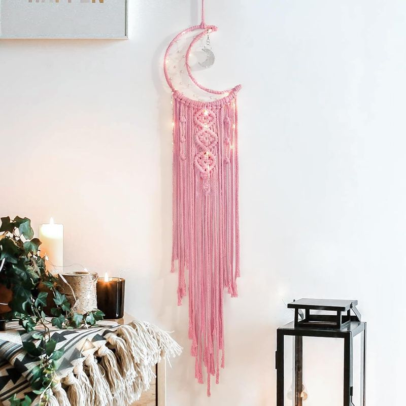 Photo 1 of ANROYE Macrame Moon Dream Catcher for Girl, Pink Boho Crescent Dreamcatcher for Bedroom Adult, Handmade Kids Nursery Room Wall Hanging with Star Pendant for Teen, Bohemian Home Decoration Idea