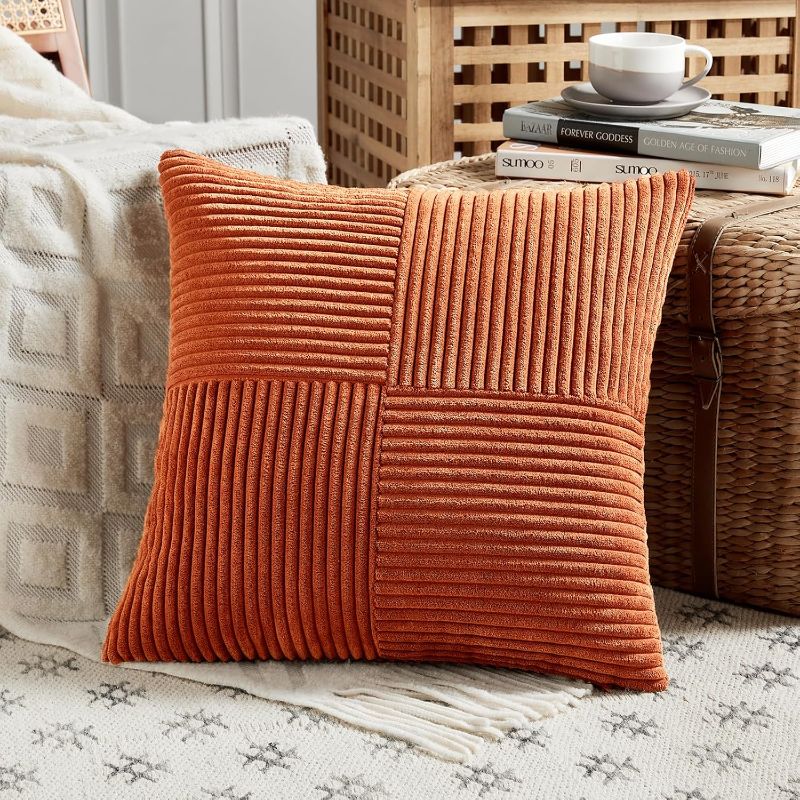Photo 1 of Fancy Homi Set of 2 Burnt Orange Decorative Throw Pillow Covers 18x18 Inch for Living Room Couch Bed, Boho Farmhouse Fall Home Decor, Soft Textured Corduroy Corss Patchwork Cushion Case 18x18 cm