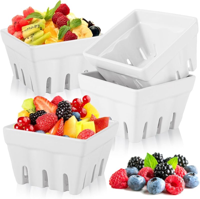Photo 1 of 3 Pack Ceramic Berry Basket Square Ceramic Fruit Bowls 4.4 Inch Decorative Ceramic Fruit Baskets for Berries Strawberry Grape Cherry(White)