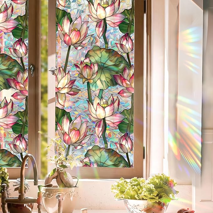 Photo 1 of Stained Glass Window Film UV Resistant Window Privacy Film Lotus Floral Privacy Rainbow Decals Living Room Bedroom Sun Blocking Decor Removable Static Cling Stickers 17 x 78.74 Inch