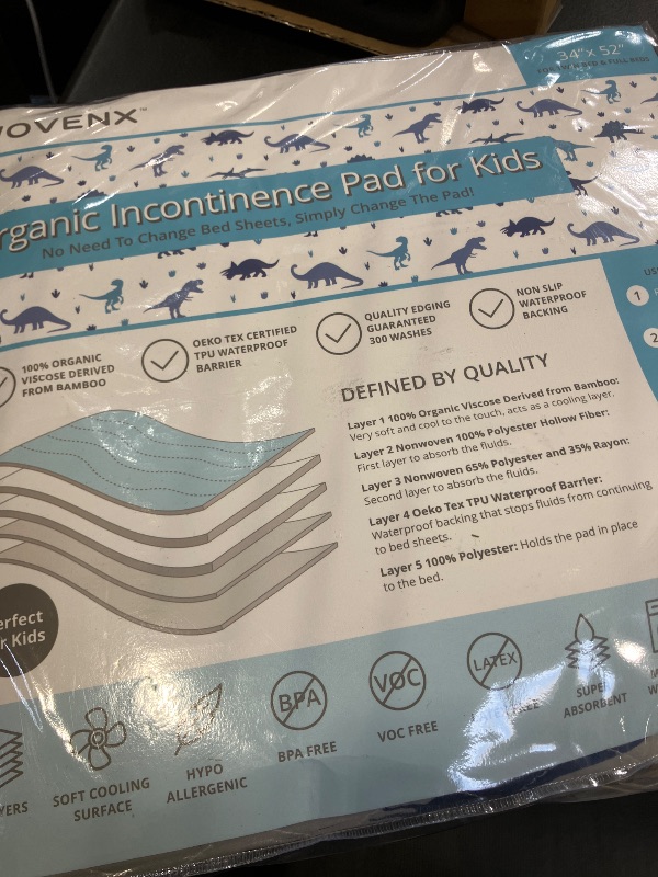 Photo 1 of WOVENX Organic Incontinence Pads for Kids & Toddlers - 5 Layer Waterproof Protectors for Overnight Bed Wetting - Reusable & Washable Pee Pads - Fits Twin to Full Size Beds - 34" x 52" Dinosaur