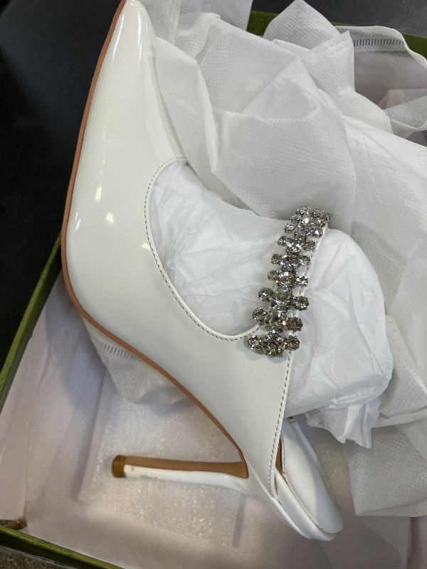 Photo 1 of XINIUNIU Heeled Mule Heels for Women Rhinestone White Heels Pointy Toe Slip On 4inch Stiletto Closed Toe Sandals Dress Wedding Pump Shoes Size 7