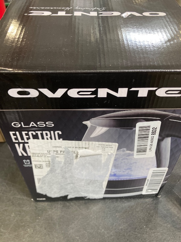 Photo 1 of OVENTE Electric Kettle, 1.5L Borosilicate Glass Countertop Water Heater and Boiler for Coffee or Tea, BPA-Free, Auto Shut-Off, Boil-Dry Protection, Removable and Washable Spout Filter, Black KG83B