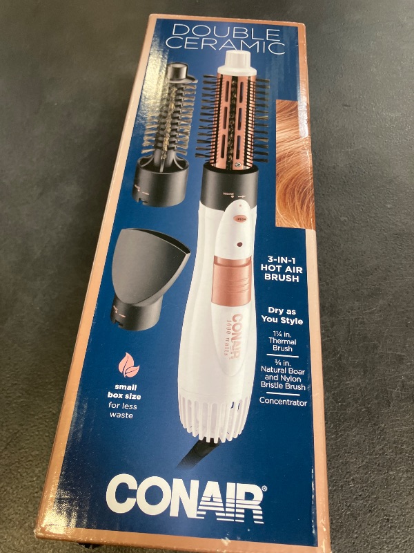 Photo 1 of Conair Double Ceramic 3-in-1 Hot Air Brush, Interchangeable Attachments: 1¼-Inch Thermal Brush, ¾-Inch Boar and Nylon Bristle Brush, and Concentrator, Voluminous Curls & Straight Styles, White