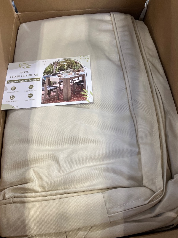Photo 1 of Basic Beyond Outdoor Chair Cushions for Patio Furniture, Waterproof Outdoor Seat Cushions Set of 4 19 x 19, Patio Chair Cushions Set of 4 with Ties and Handle, Beige White
