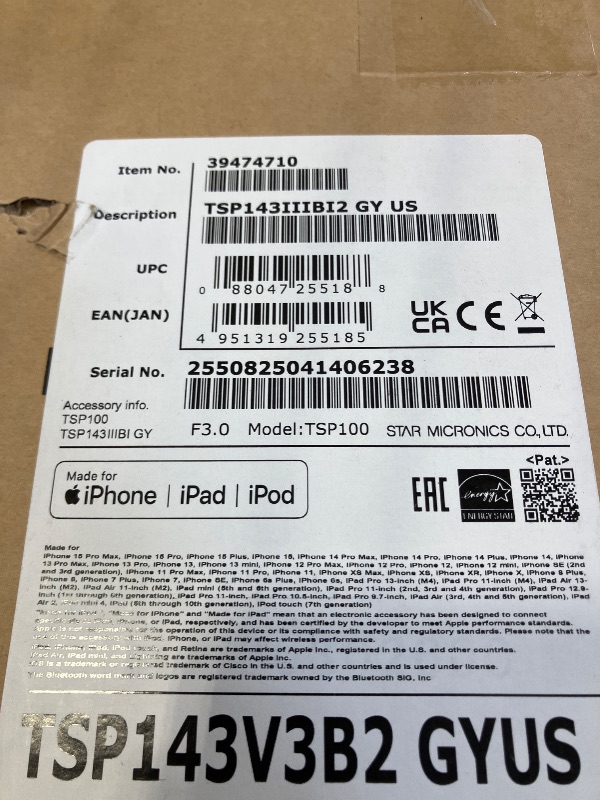 Photo 1 of Star Micronics Thermal Printer TSP143IIIBi2 GY US Thermal, Cutter, Bluetooth iOS, Android and Windows, Gray, Int PS