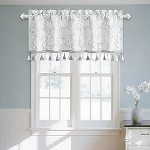 Photo 1 of Loom and Mill Luxury Valances for Windows, Elegant Damask Thick Window Treatment Curtains Valance with Handmade Tassels for Living Room, Bedroom Party Banquet Decorations (54" x 18", Silver&White)