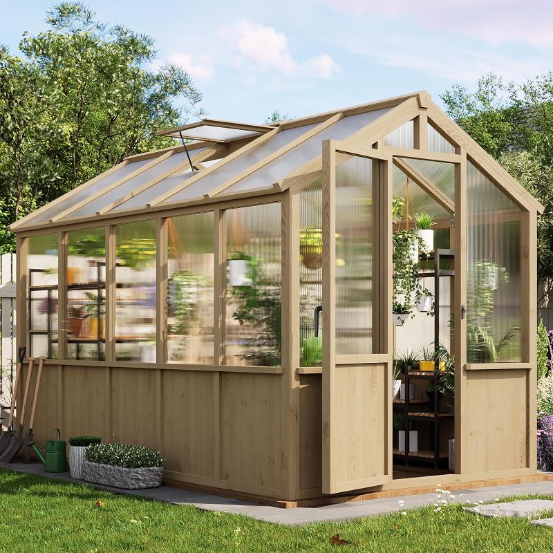 Photo 1 of Garvee 6x10 FT Wooden Greenhouse - Walk-in Greenhouses for Outdoors, Large Spruce Frame Green House with PC Panels, Adjustable Roof Vents & Lockable Door, Green Houses for Garden,Backyard,Patio,Lawn