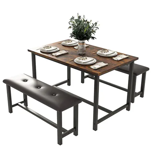 Photo 1 of Garvee Dining Table Set for 4 with Upholstered Benches, Space-Saving, Rectangular, Rustic Brown, Metal Frame, MDF Board, Perfect for Home, Kitchen, Dining Room