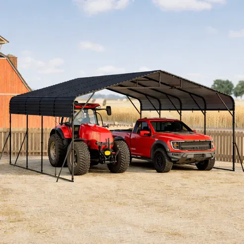 Photo 1 of Garvee 20x20 FT Heavy Duty Metal Carport for 2 Cars – Galvanized Steel Roof, Wind & Snow Resistant, Reinforced Frame Outdoor Car Shelter with Solar Light, Dark Gray