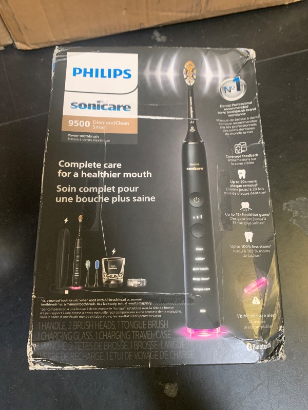 Photo 1 of Philips Sonicare DiamondClean Smart 9500 Electric Toothbrush - Sonic Toothbrush with App, Pressure Sensor, 15 Brushing Settings, Replacement Reminder, USB Charging Travel Case, Black, Model HX9923/11