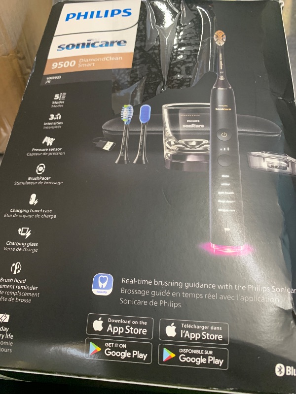 Photo 1 of Philips Sonicare DiamondClean Smart 9500 Electric Toothbrush - Sonic Toothbrush with App, Pressure Sensor, 15 Brushing Settings, Replacement Reminder, USB Charging Travel Case, Black, Model HX9923/11