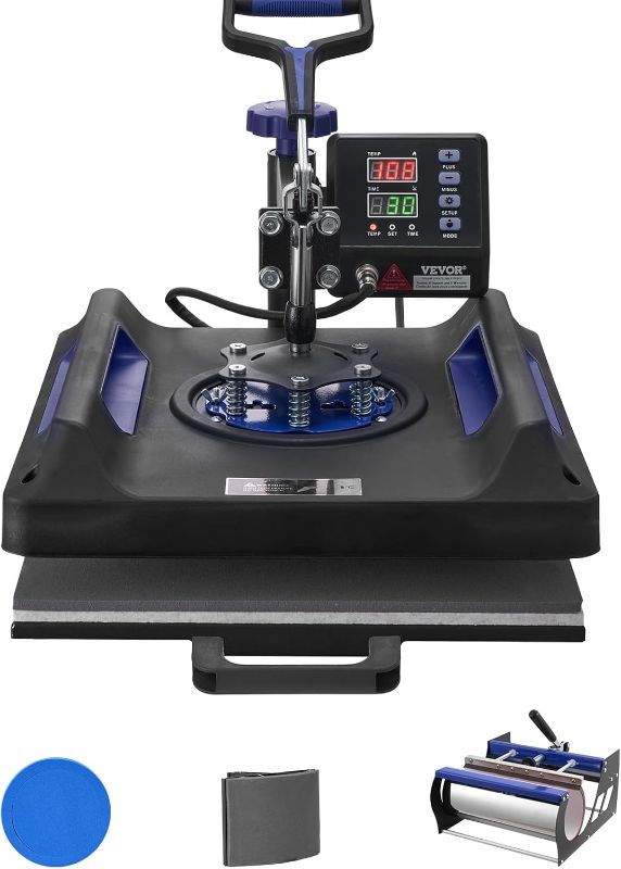 Photo 1 of VEVOR 5 in 1 Heat Press Machine, Heat Transfer Machine with 30 oz Tumbler Press, 15 x 15 inch, 360° Swing Away T-Shirt Pressing, Fast Even Heating, for T-Shirts/Mugs/Plates/Hats, Black+Blue
